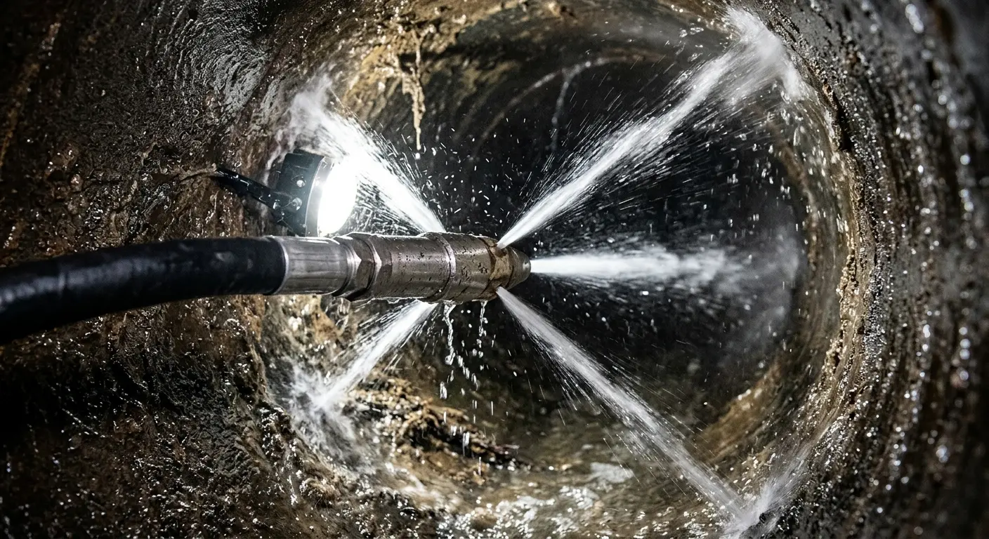 High-pressure hydro jetting nozzle cleaning sewer pipe for Emergency Drain Service in Arcadia