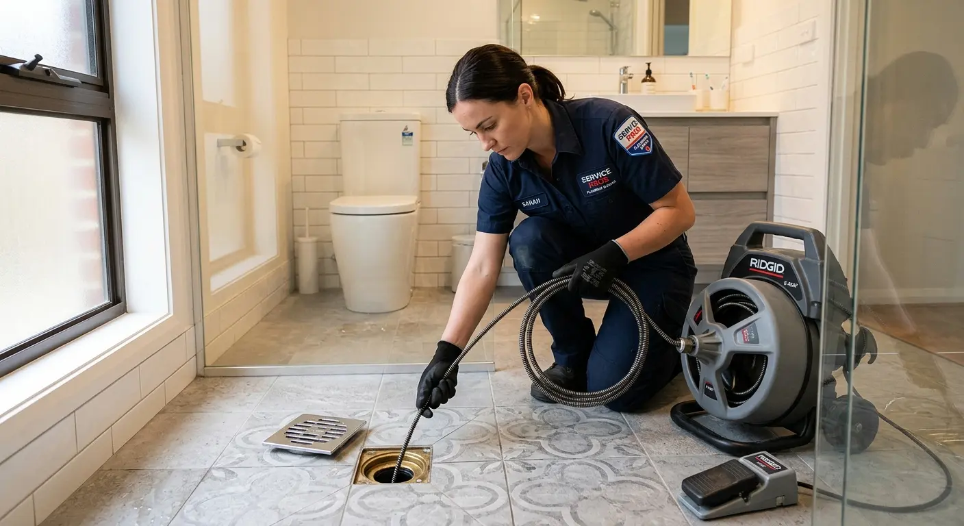 Technician clearing a bathroom floor drain for Clogged Drain Repair in Arcadia